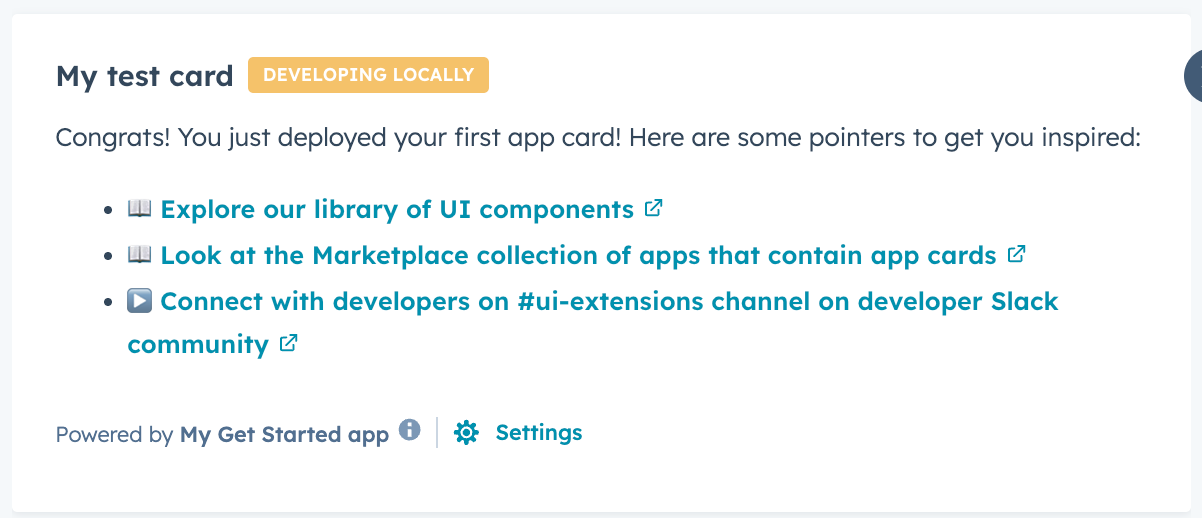 Screenshot showing the app card rendered on the contact timeline with the Developing Locally tag