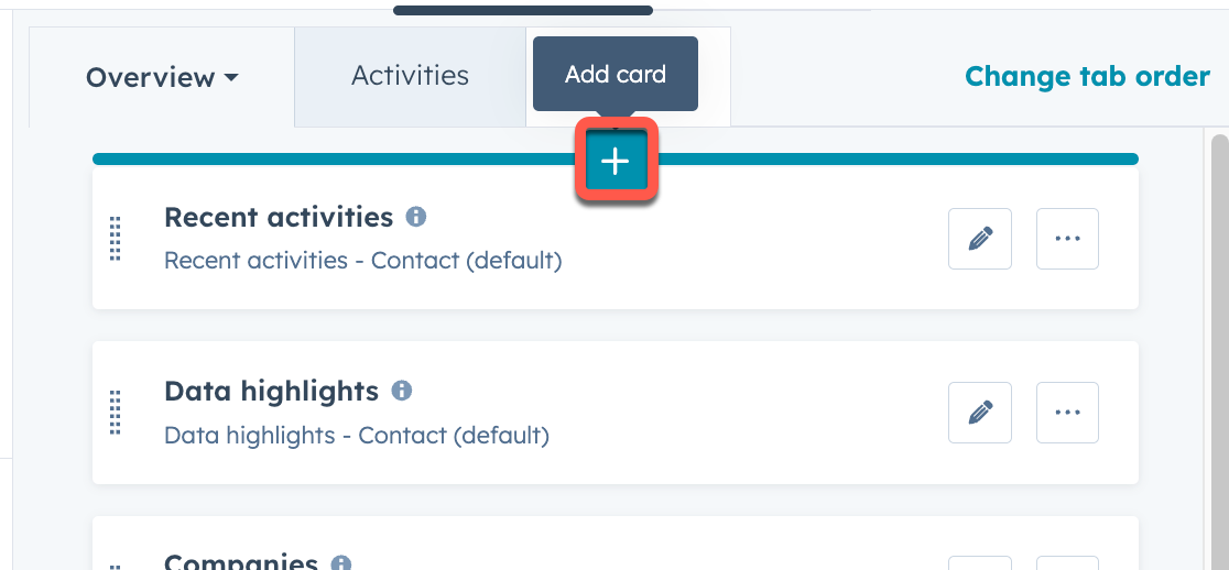 Screenshot showing the plus button to add a card to the contact record view