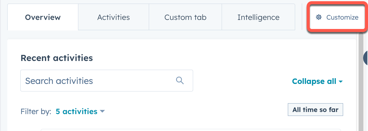 Screenshot of the customize button on the contact timeline