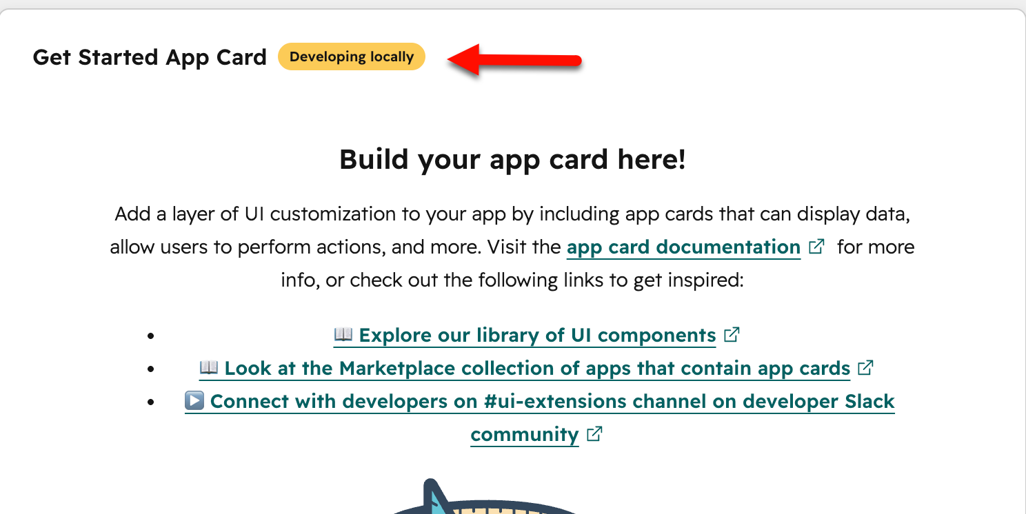 The app card displaying on a contact record with a developing locally badge
