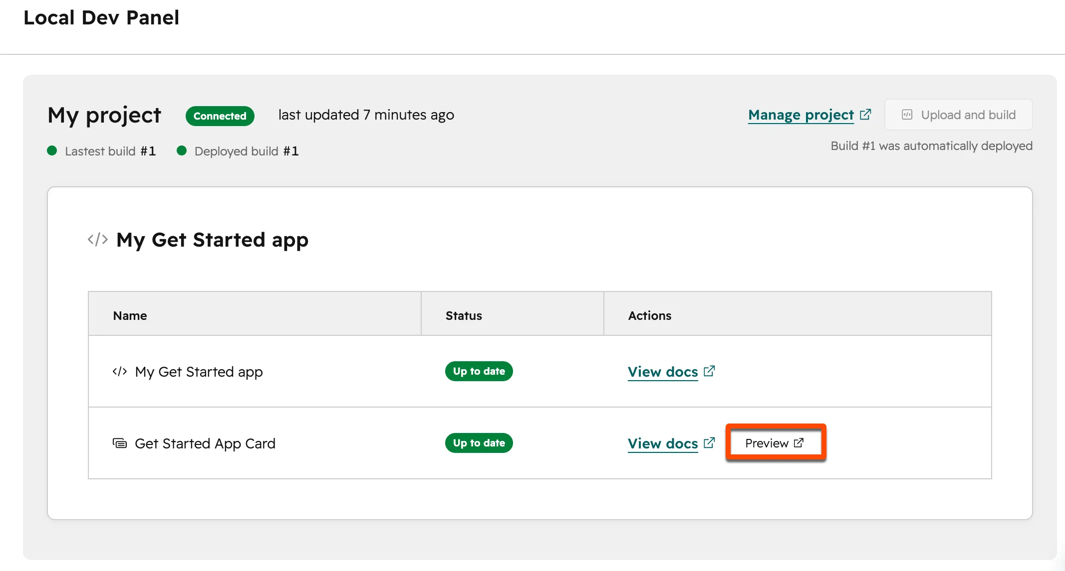 The Preview button on the local dev panel page