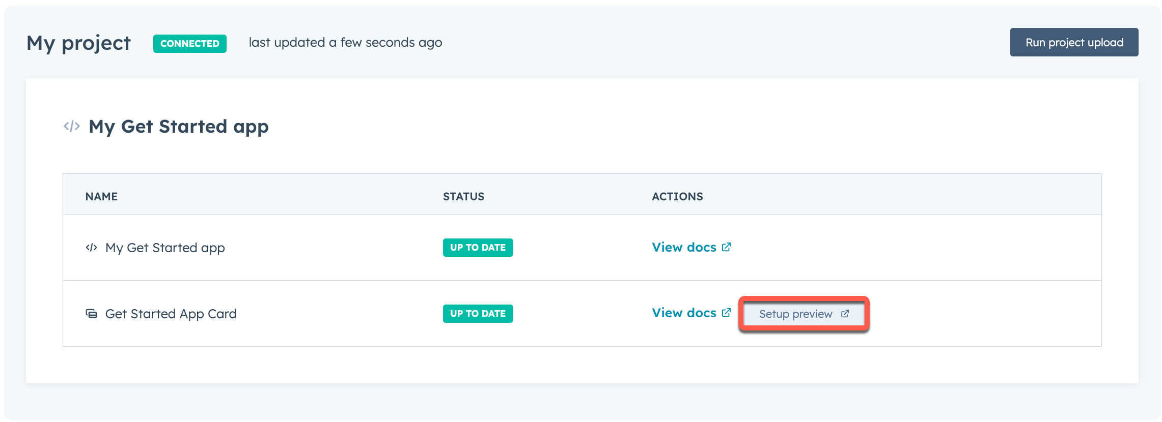 Screenshot of the local development page in HubSpot