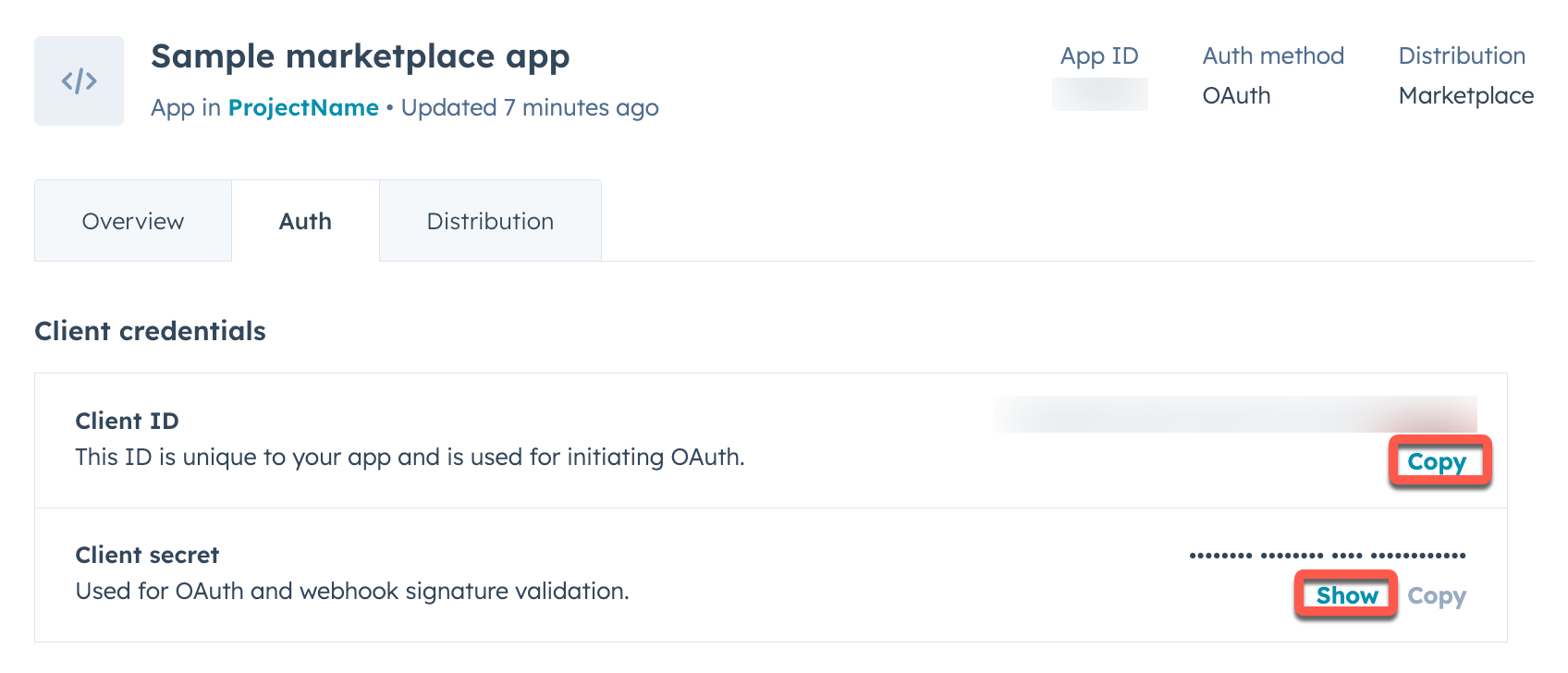 Screenshot showing the client credentials of a developer platform app