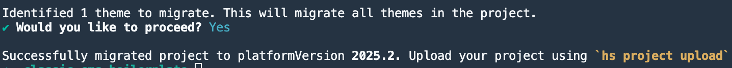Screenshot showing the CLI confirming that the migration command successfully completed
