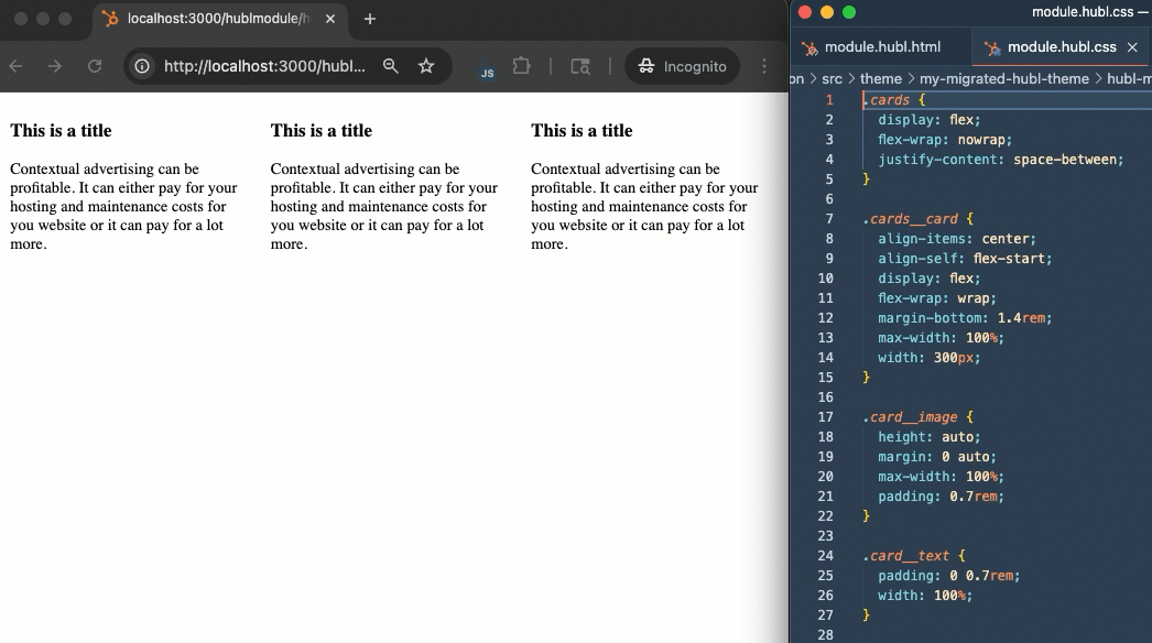 Screen capture video showing an example of modifying a module's local CSS and HTML files and viewing the changes in the browser