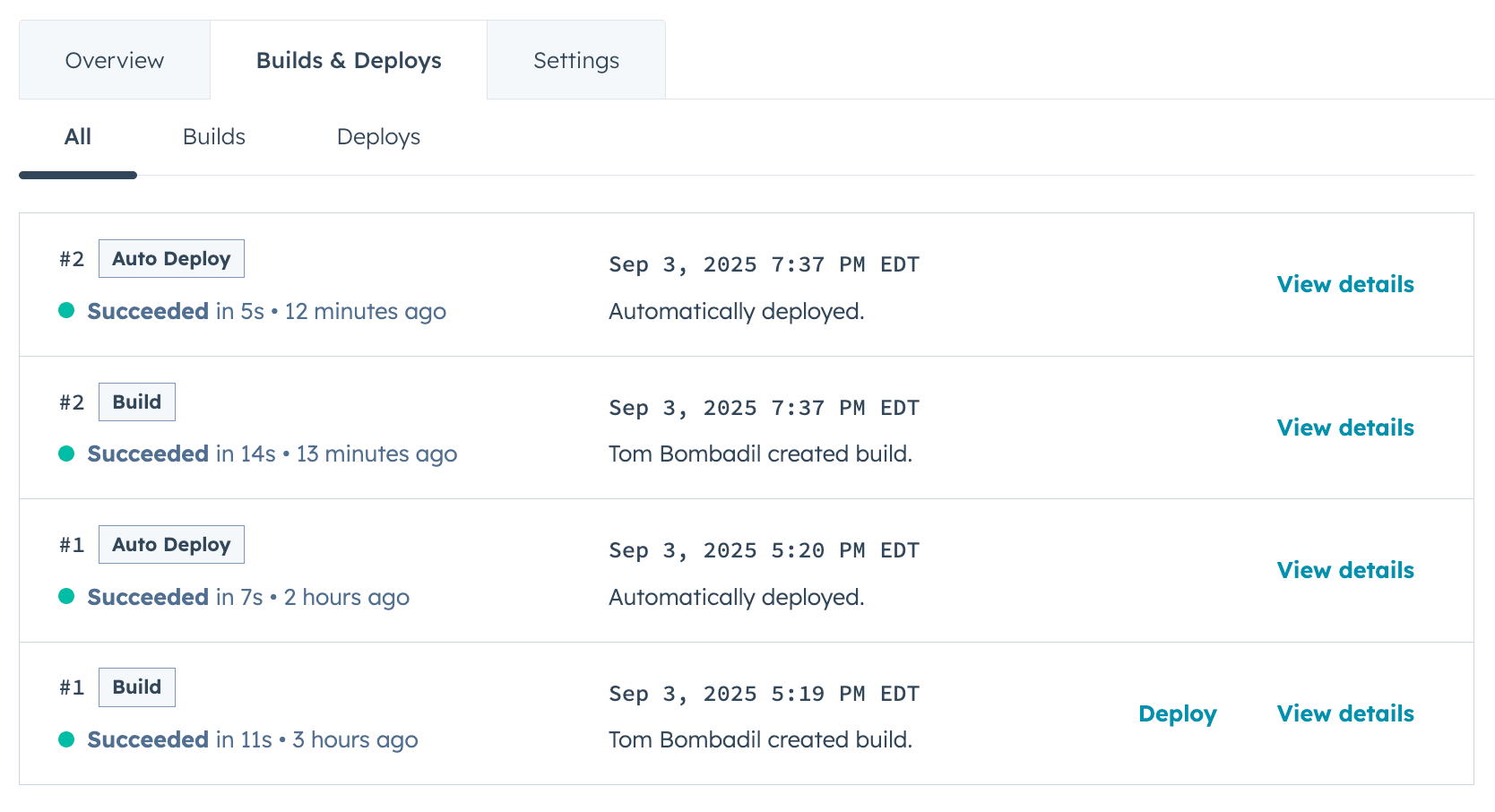 Screenshot of the project builds and deploys tab
