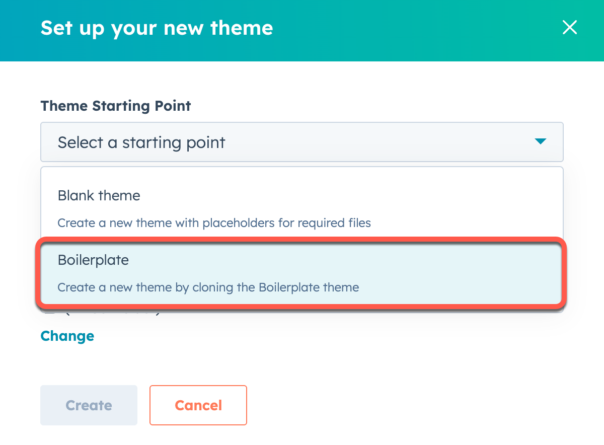 Screenshot of the boilerplate theme select option in the design manager