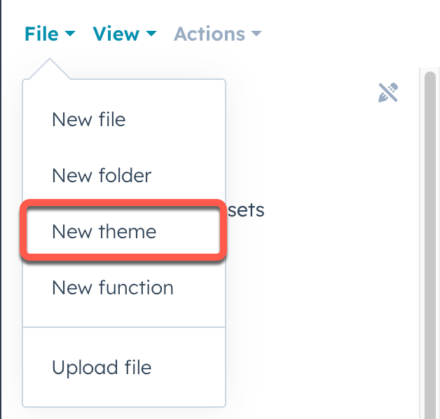 Screenshot of the design manager option for creating a new theme