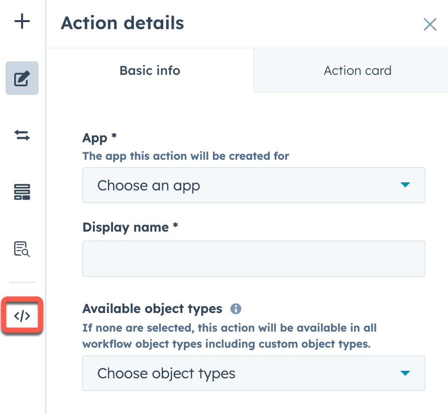 Screenshot of the action definition button in the left sidebar of the custom action builder