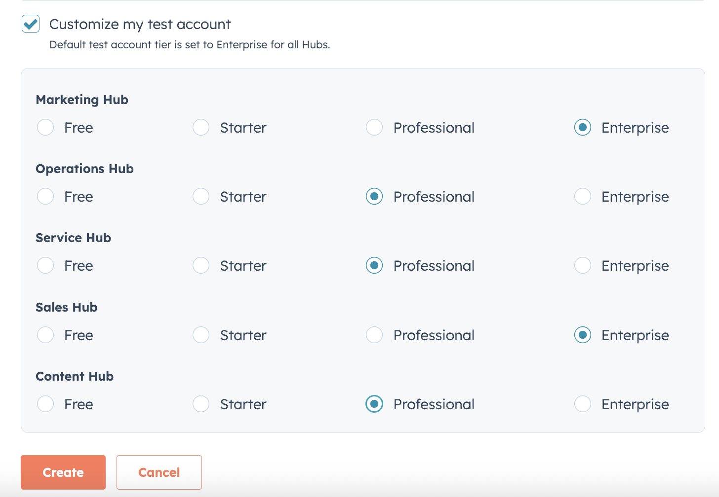 Screenshot showing the test account subscription customization options