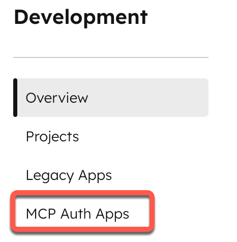 Screenshot of the MCP auth apps page in HubSpot