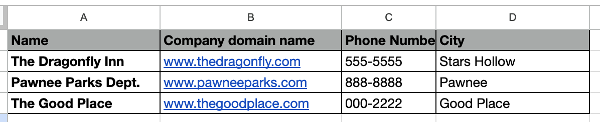 Screenshot showing the example company data CSV file for import