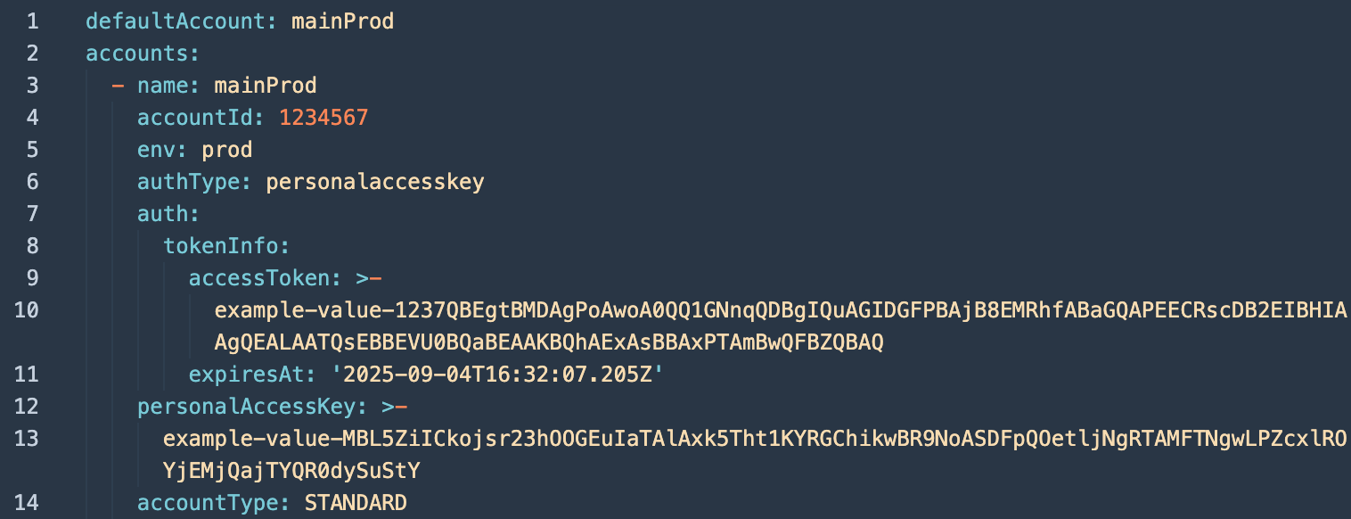 Screenshot of an example config.yml file using example token values