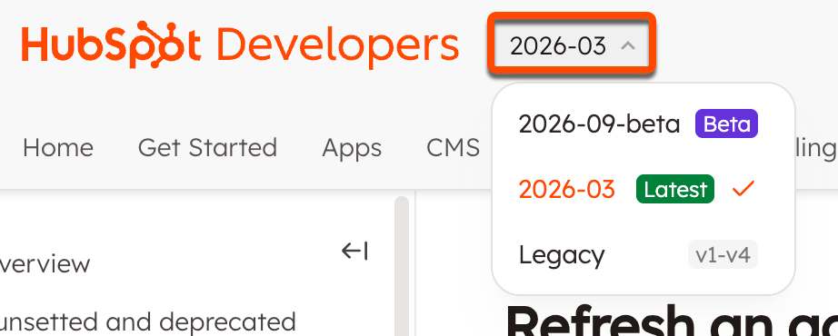 Using the version selector in the developer docs to explore versions of HubSpot APIs