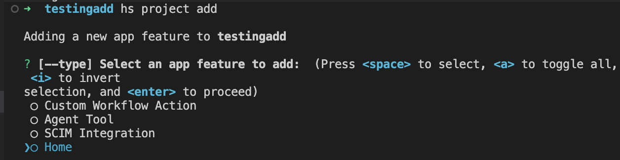 Screenshot of the terminal prompt for selecting the type of component to add