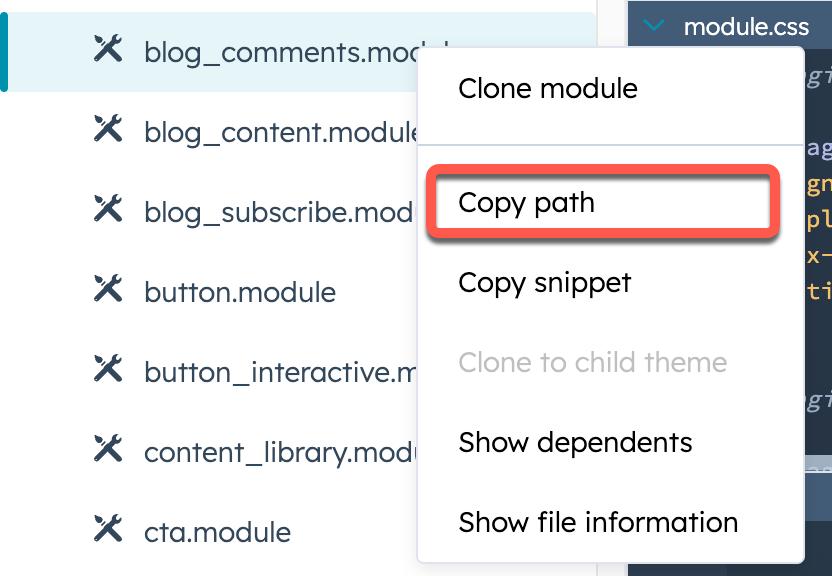 Screenshot of the copy path option in the design manager