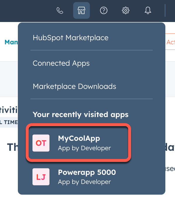 Screenshot of the HubSpot Marketplace dropdown app menu where you can select a recently visited app
