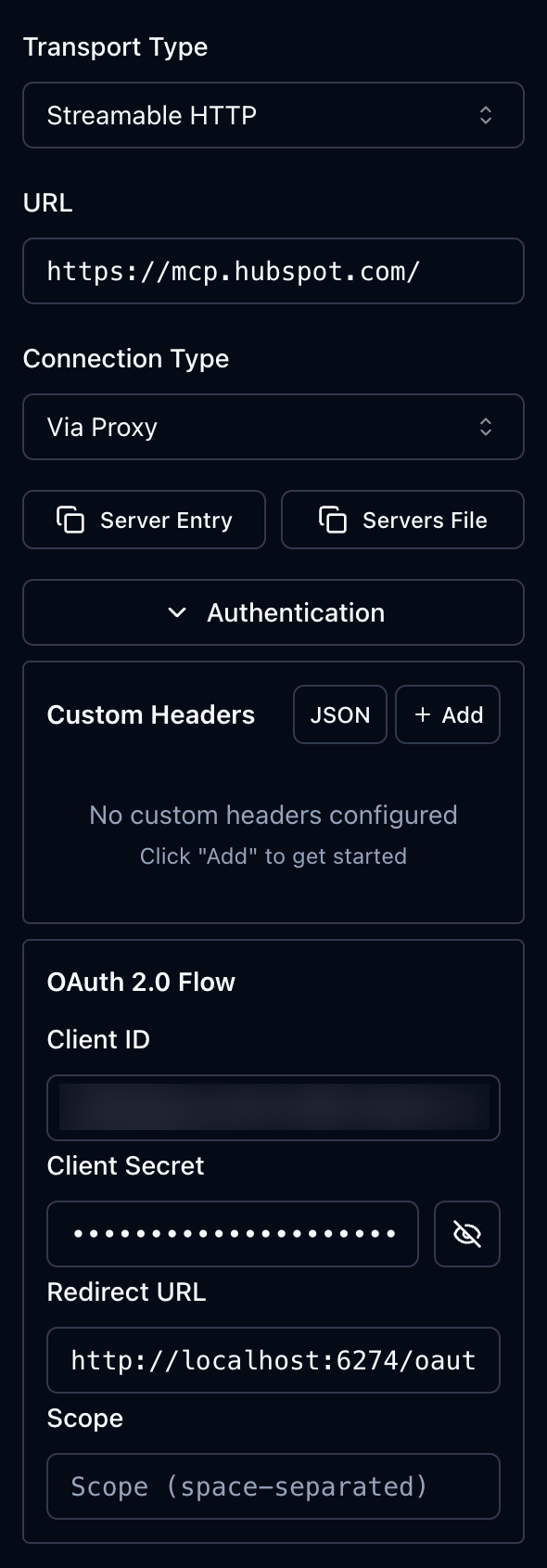 Screenshot of the left sidebar settings in the MCP inspector