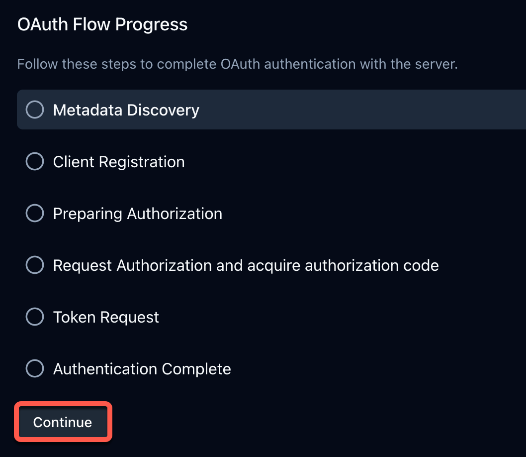 Screenshot of the Continue button in the OAuth flow progress section