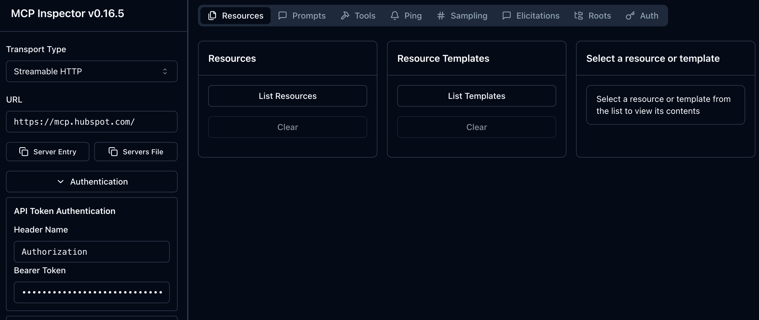 Screenshot of the MCP Inspector tool showing a successful connection