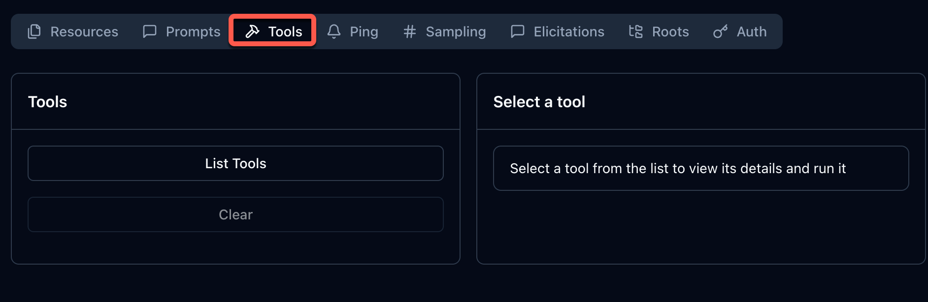 Screenshot of the Tools option in the MCP Inspector toolbar