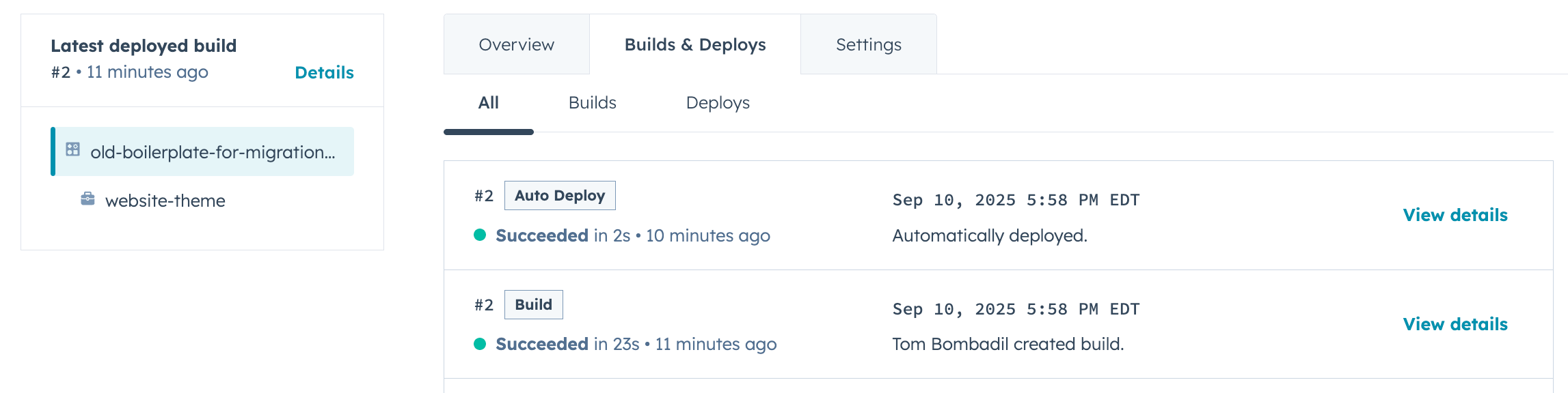 Screenshot of the project dashboard confirming the recent successful build and deploy