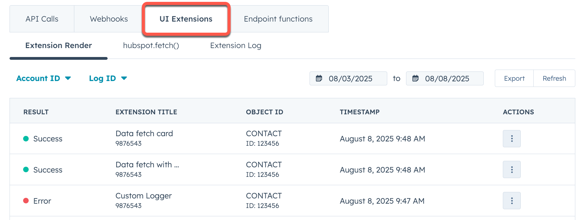 Screenshot of the UI Extensions tab found in HubSpot's in-app app monitoring page