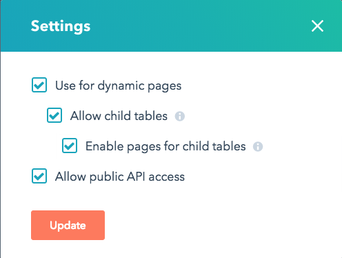 child table settings screen showing all checkboxes checked child table settings screen showing all checkboxes checked