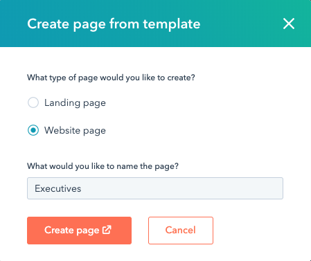 screenshot of create page from template modal