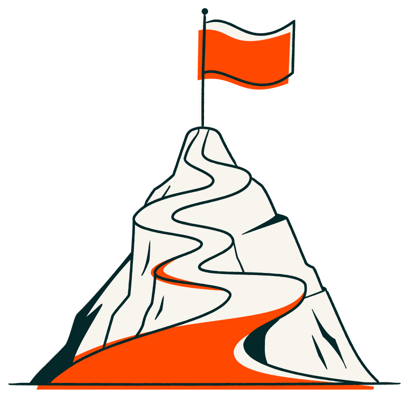 a pictogram of a winding road leading up a mountain to an orange flag at the top