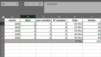 Fonction MOIS dans Excel