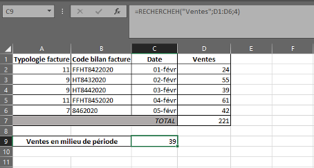 Fonction RECHERCHEH dans Excel