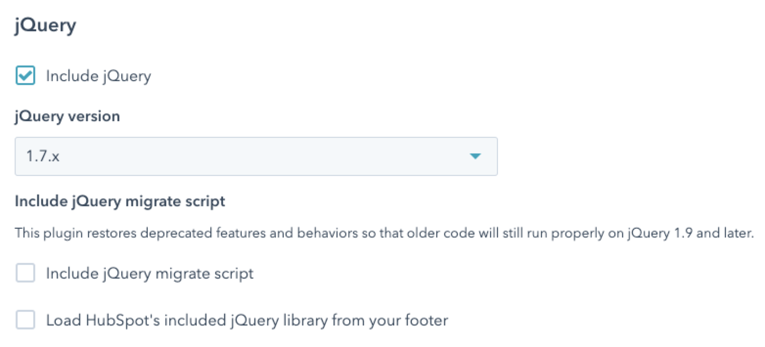 jQuery setting enabled, version 1.7 selected, migrate and load from footer disabled.